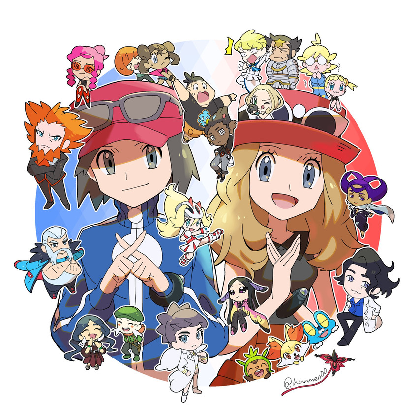 serena, calem, fennekin, chespin, froakie, and 16 more (pokemon and 1 more) drawn by hungry_seishin