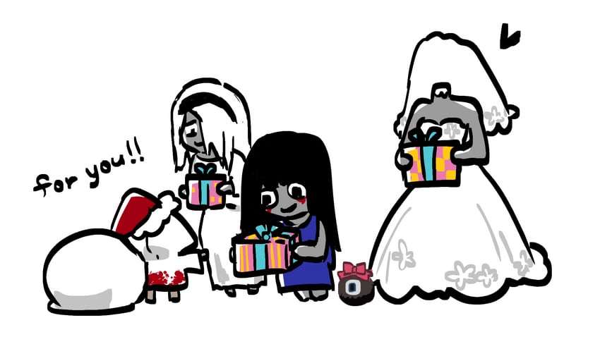 the bride, ms. blue-clad, one-eyed creature, and hairdresser (homicipher) drawn by pla_vtuber