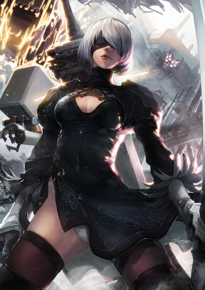 2b, pod, machine, and engels (nier and 1 more) drawn by hexaoyama