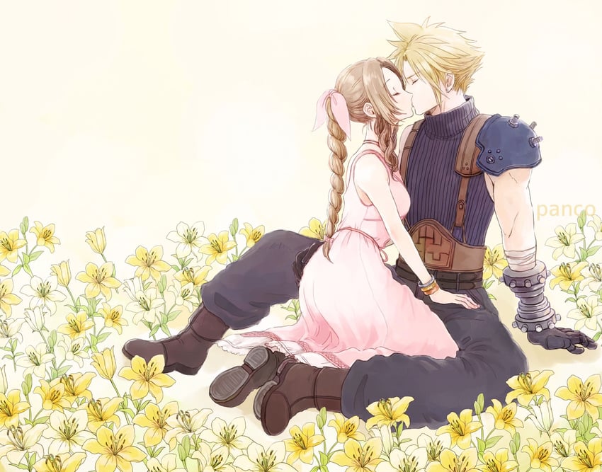 cloud strife and aerith gainsborough (final fantasy and 2 more) drawn by ancotsubu