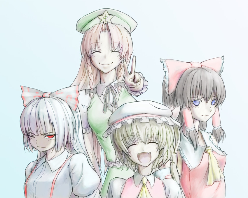 hakurei reimu, flandre scarlet, fujiwara no mokou, and hong meiling (touhou) drawn by kath