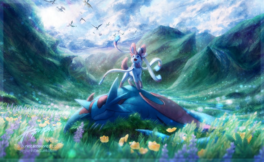 sylveon, dragonite, flygon, and salamence (pokemon) drawn by ja-punkster