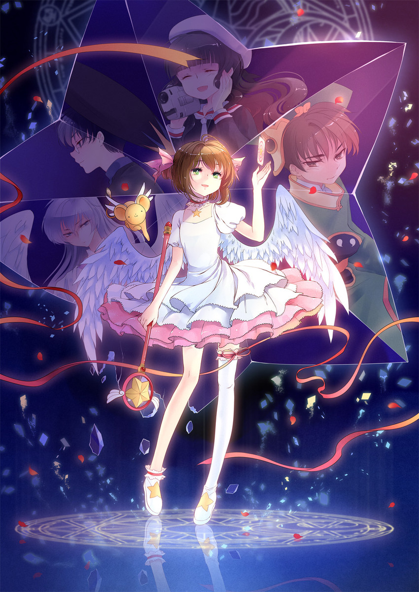 kinomoto sakura, kero, daidouji tomoyo, li syaoran, tsukishiro yukito, and 1 more (cardcaptor sakura) drawn by kieta