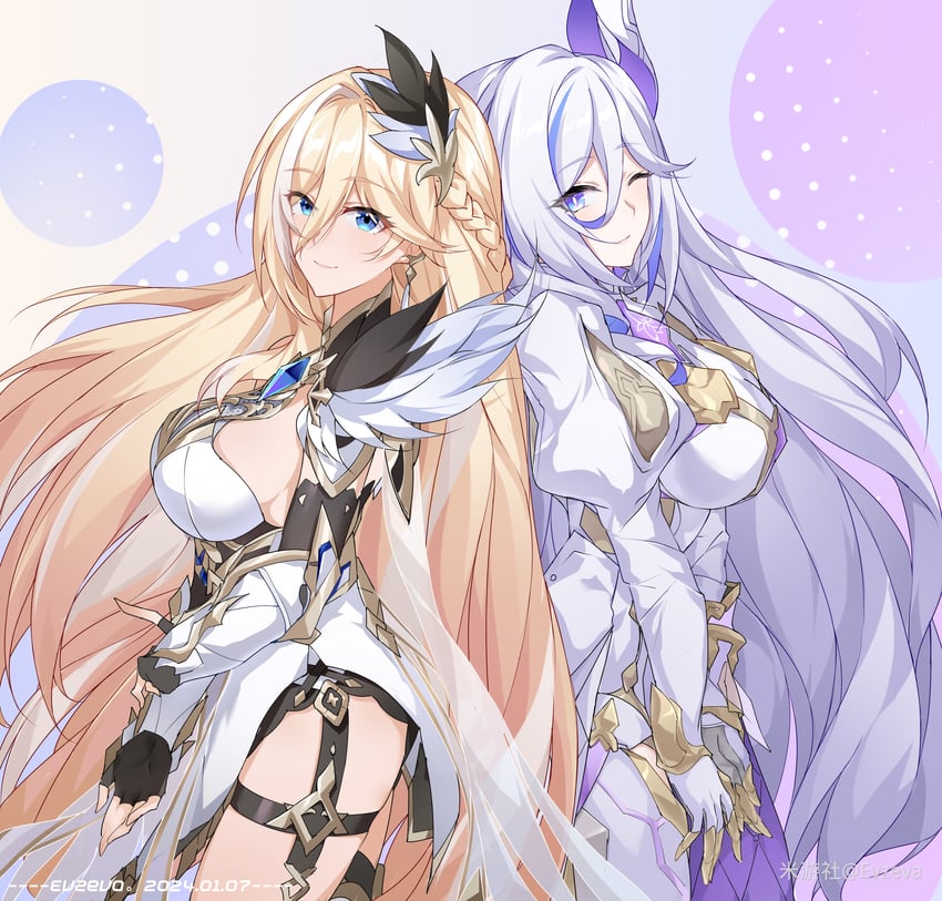 durandal and misteln schariac (honkai and 1 more) drawn by evzeva