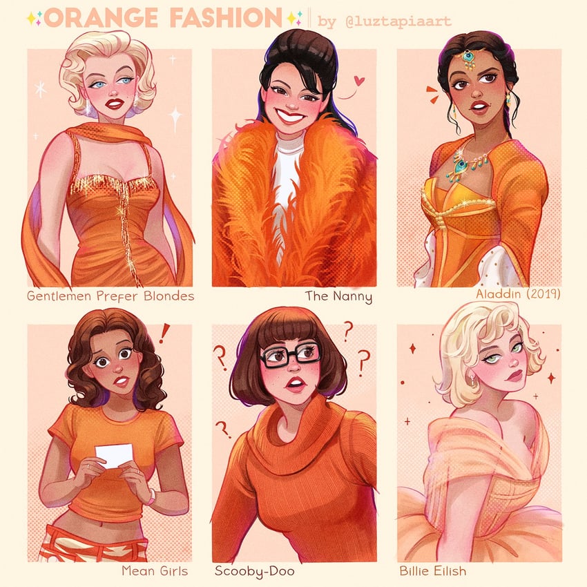 velma dinkley, jasmine, billie eilish, lorelei lee, gretchen wieners, and 1 more (real life and 5 more) drawn by luztapiaart