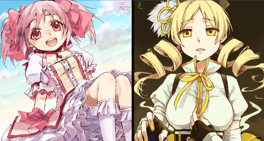 kaname madoka and tomoe mami (mahou shoujo madoka magica) drawn by kyou_(nodobotokemax)