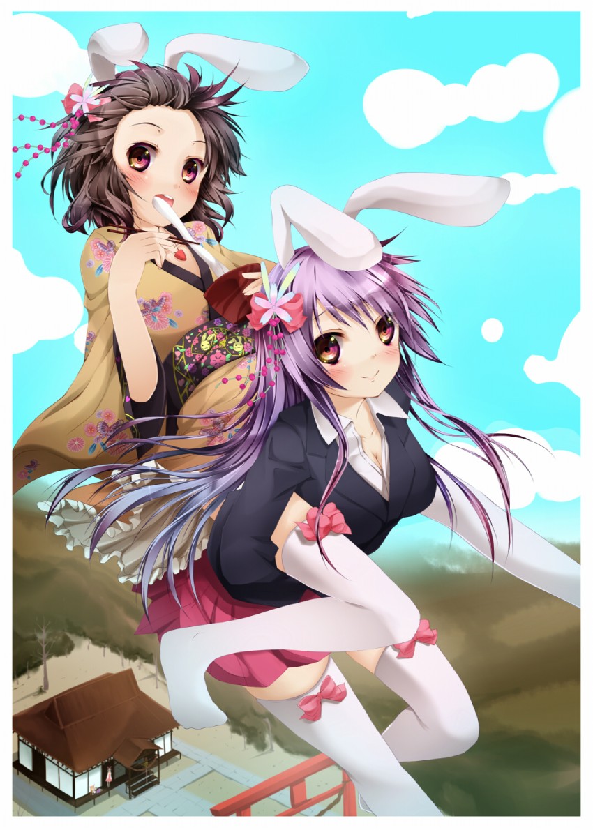 hakurei reimu, reisen udongein inaba, ibuki suika, and inaba tewi (touhou) drawn by nironiro