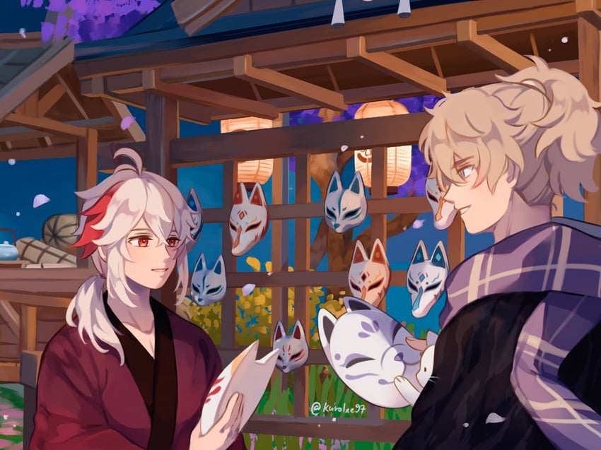 kaedehara kazuha and kazuha's friend (genshin impact) drawn by kuro_lee