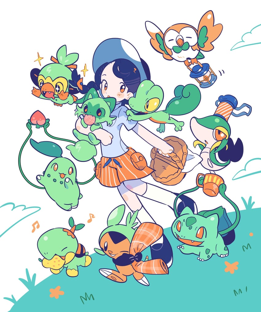 rowlet, juliana, bulbasaur, sprigatito, snivy, and 5 more (pokemon and 1 more) drawn by gogeyama