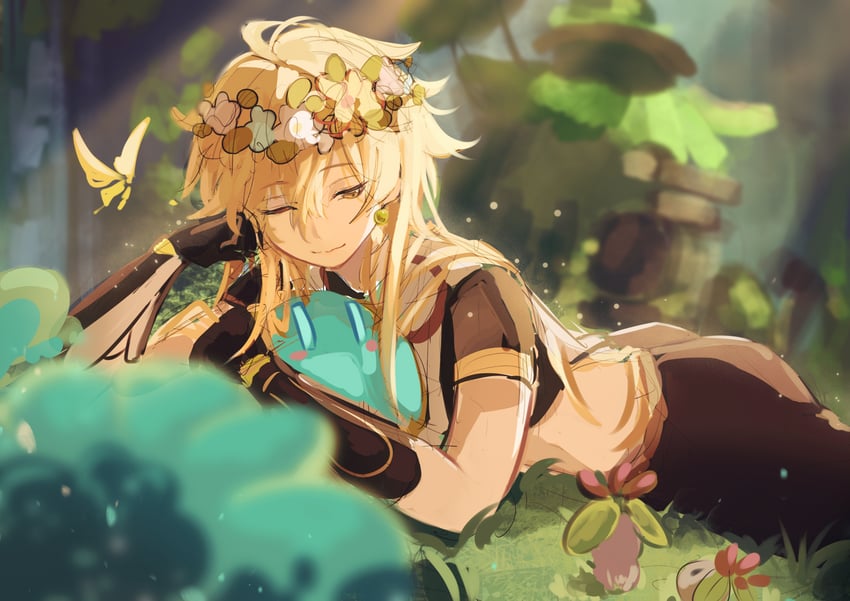 aether, slime, crystalfly, and fungi (genshin impact) drawn by huihu076