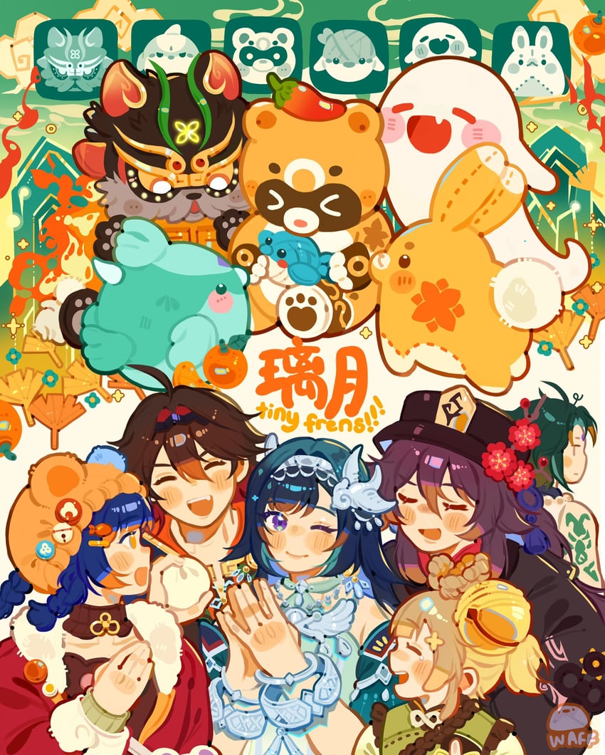 hu tao, boo tao, xiangling, guoba, yaoyao, and 6 more (genshin impact) drawn by 0waff537