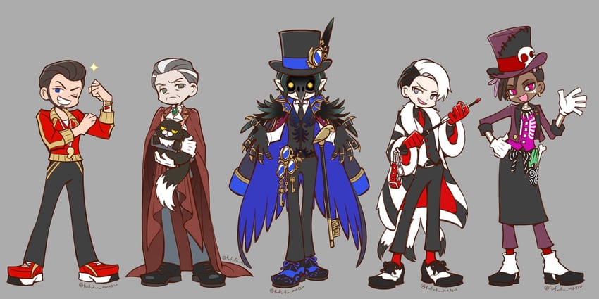 divus crewel, dire crowley, sam, mozus trein, and ashton vargas (twisted wonderland) drawn by funuyu