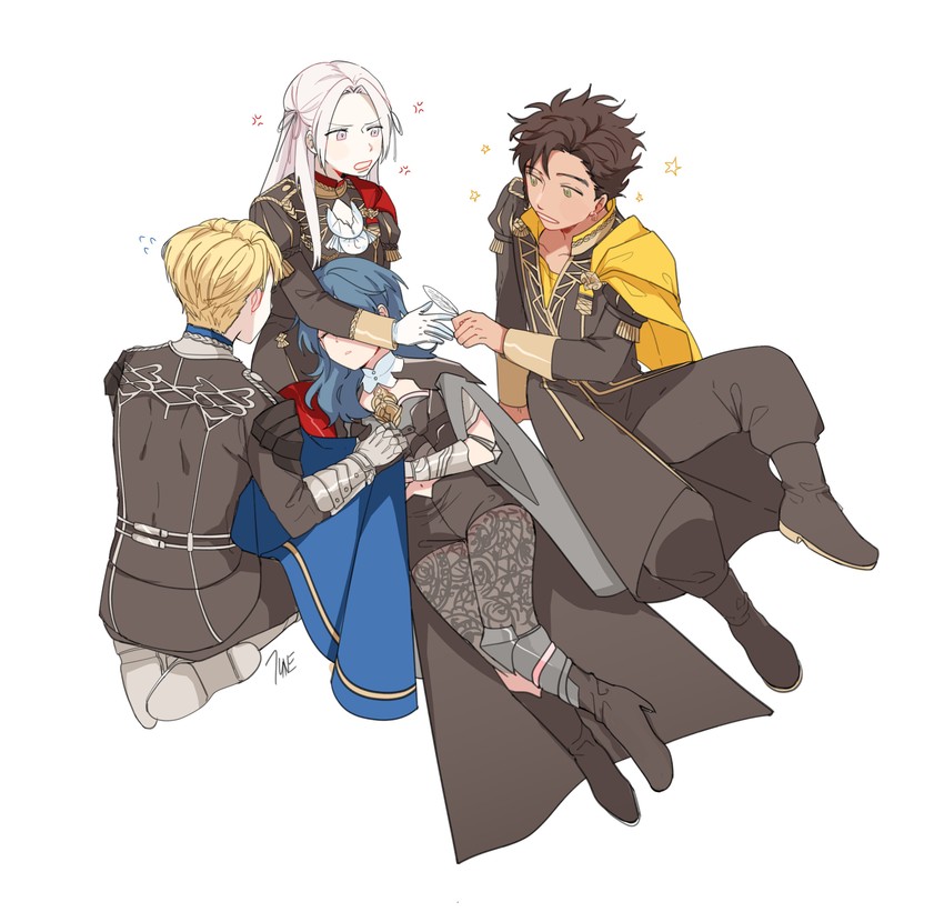 female byleth, edelgard von hresvelg, dimitri alexandre blaiddyd, and claude von riegan (fire emblem and 1 more) drawn by majunjuu