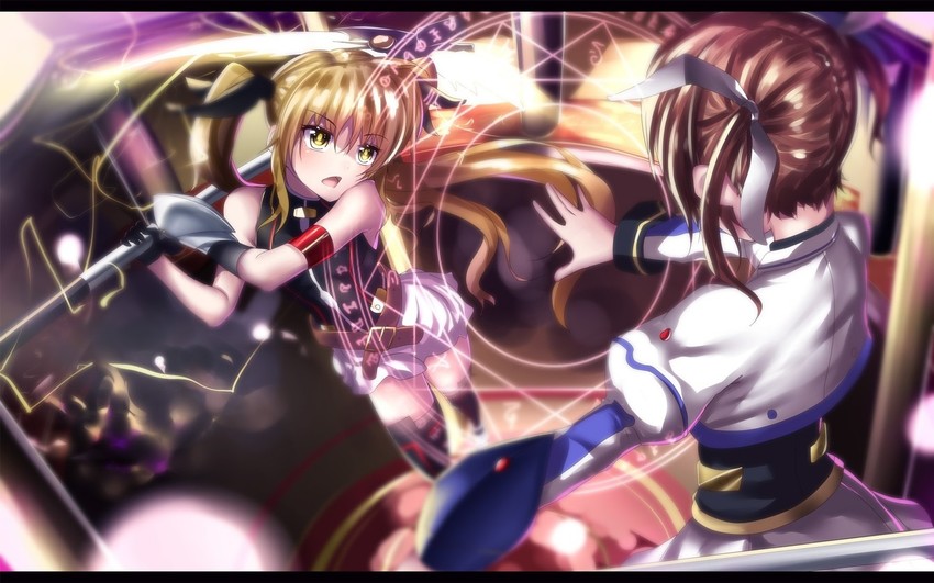 fate testarossa, takamachi nanoha, raising heart, and bardiche (lyrical nanoha and 3 more) drawn by hk_(hk)