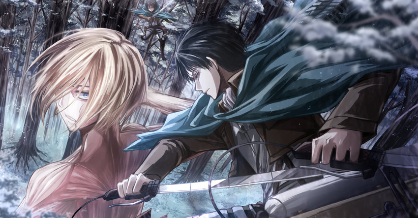 mikasa ackerman, levi, titan, and female titan (shingeki no kyojin) drawn by angel31424