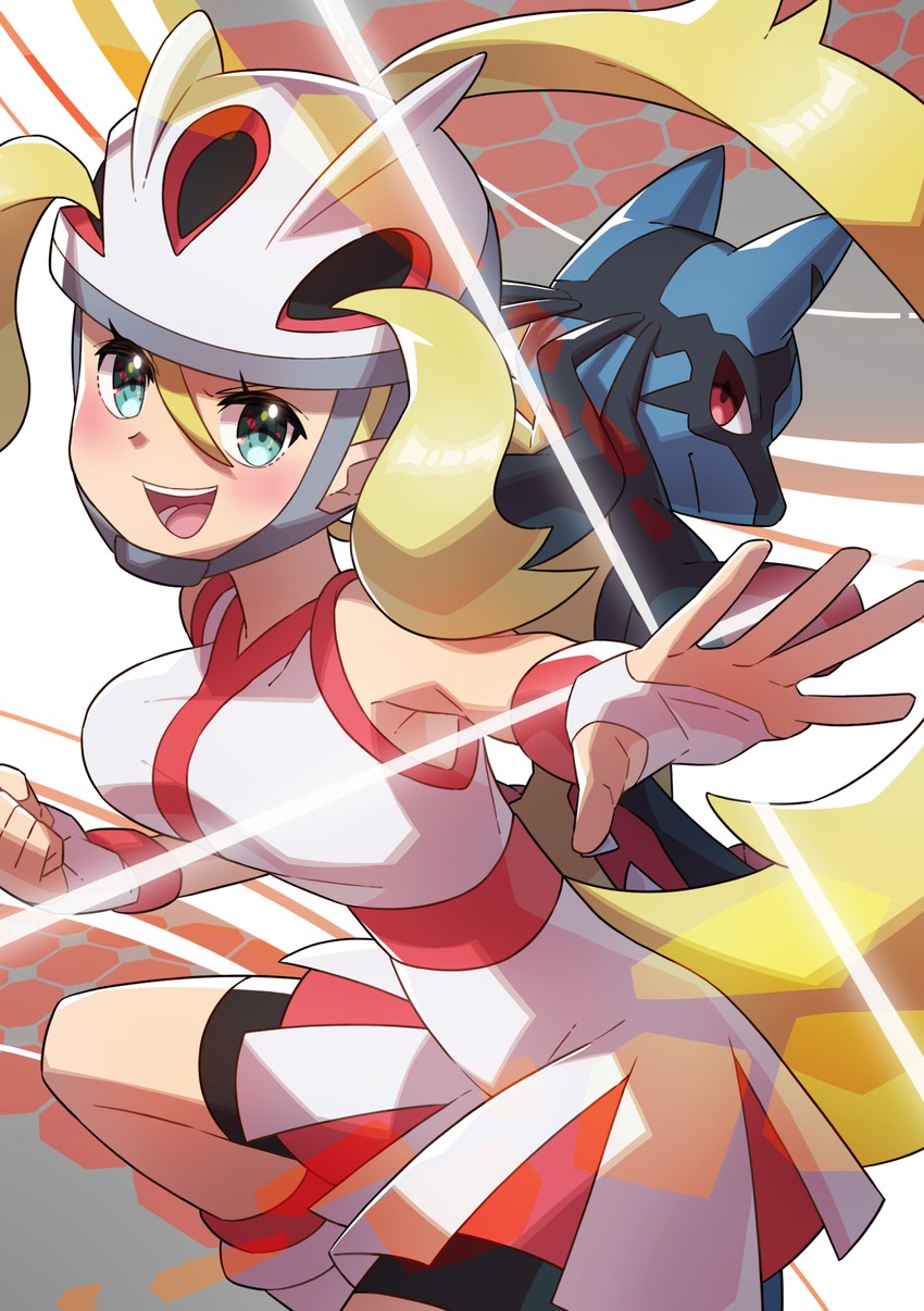 lucario, korrina, and mega lucario (pokemon and 1 more) drawn by taisa_(lovemokunae)