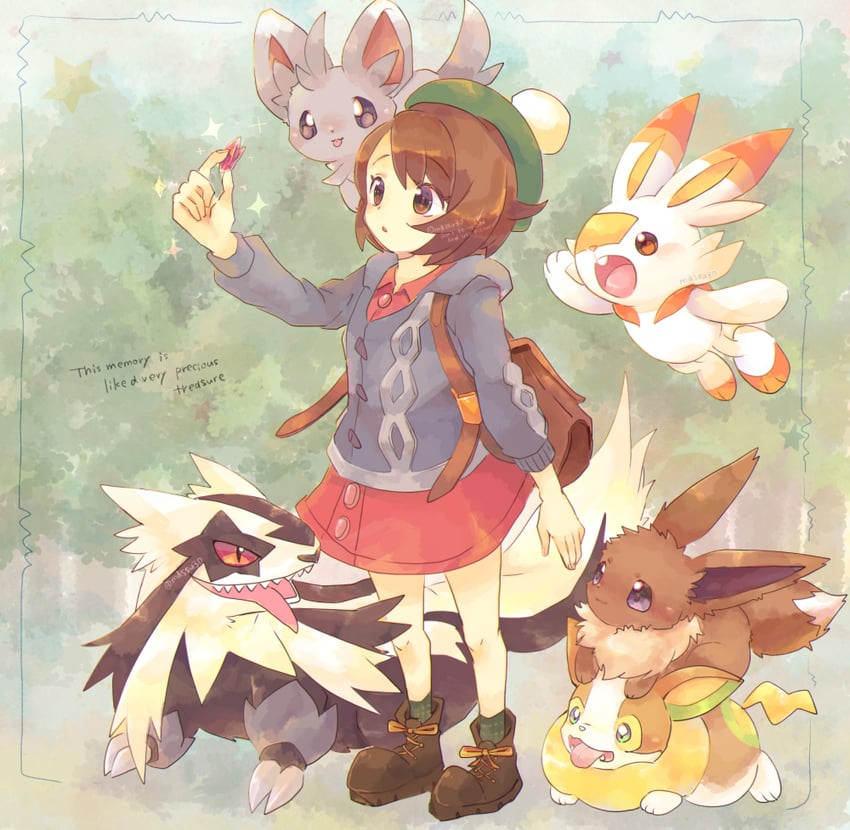 gloria, eevee, scorbunny, yamper, minccino, and 1 more (pokemon and 1 more) drawn by roamo