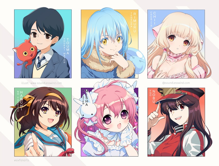 suzumiya haruhi, oda nobunaga, rimuru tempest, chii, jibanyan, and 2 more (fate and 7 more) drawn by kaze-hime