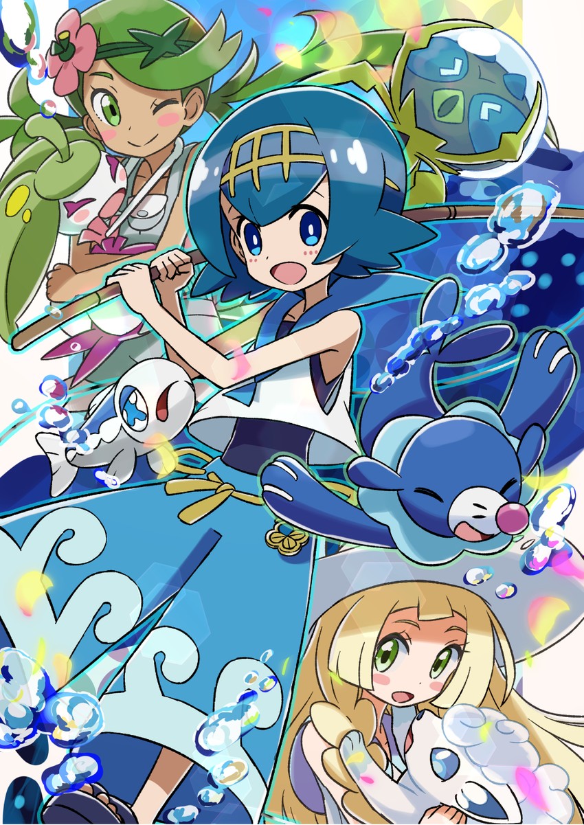 lillie, lana, mallow, popplio, alolan vulpix, and 3 more (pokemon and 1 more) drawn by kingin