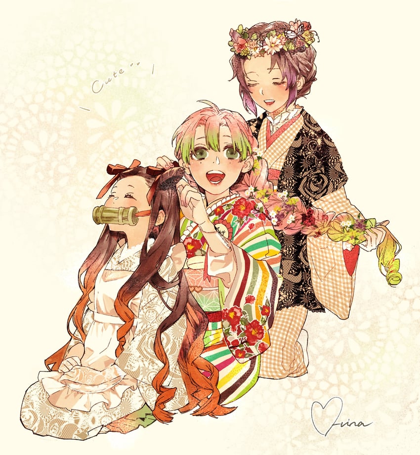 kamado nezuko, kochou shinobu, and kanroji mitsuri (kimetsu no yaiba) drawn by hinamori_(m_nmy01)