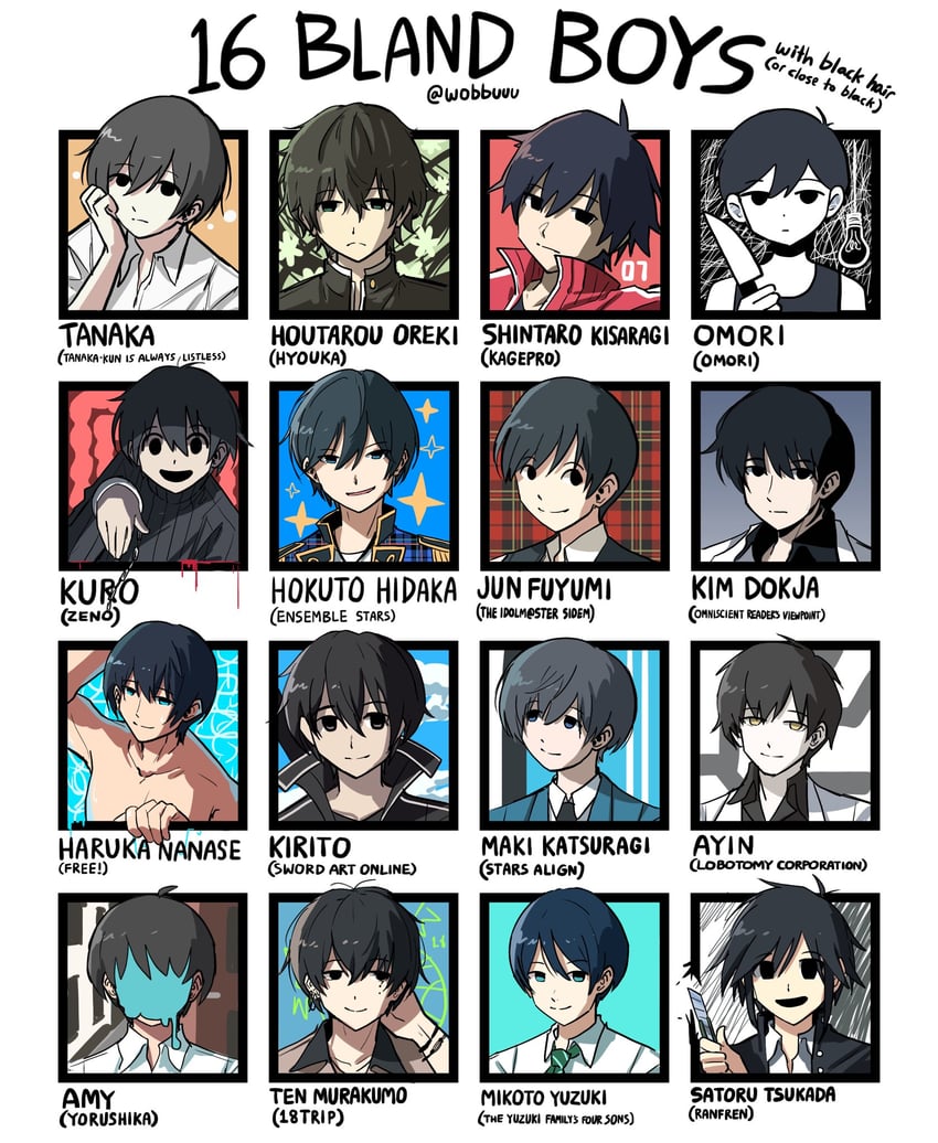 kirito, omori, oreki houtarou, kisaragi shintarou, kim dokja, and 10 more (idolmaster and 16 more) drawn by wobb