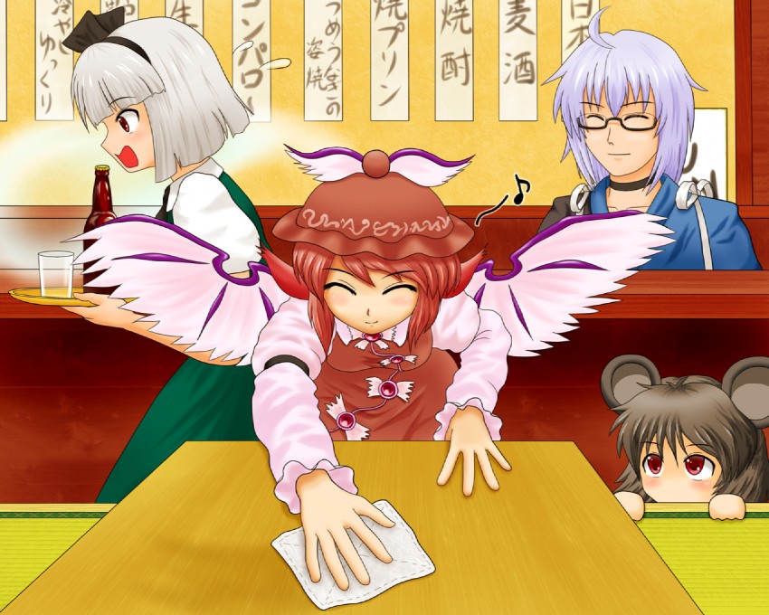 konpaku youmu, mystia lorelei, nazrin, and morichika rinnosuke (touhou) drawn by aaru_(r-kun)