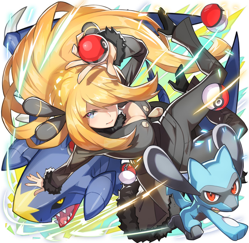 cynthia, garchomp, and riolu (pokemon and 1 more) drawn by saitou_naoki