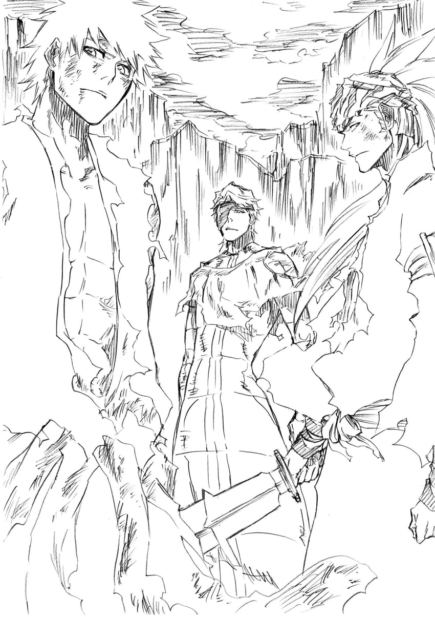 kurosaki ichigo, abarai renji, and aizen sousuke (bleach and 1 more) drawn by ken'ichi_(ken1ro_u)