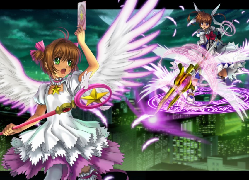 takamachi nanoha, kinomoto sakura, and raising heart (lyrical nanoha and 4 more) drawn by mutsuki_(moonknives)