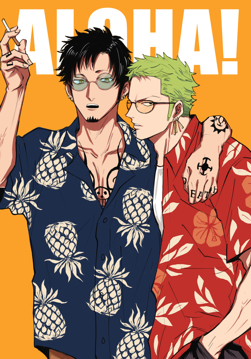 roronoa zoro and trafalgar law (one piece) drawn by shido