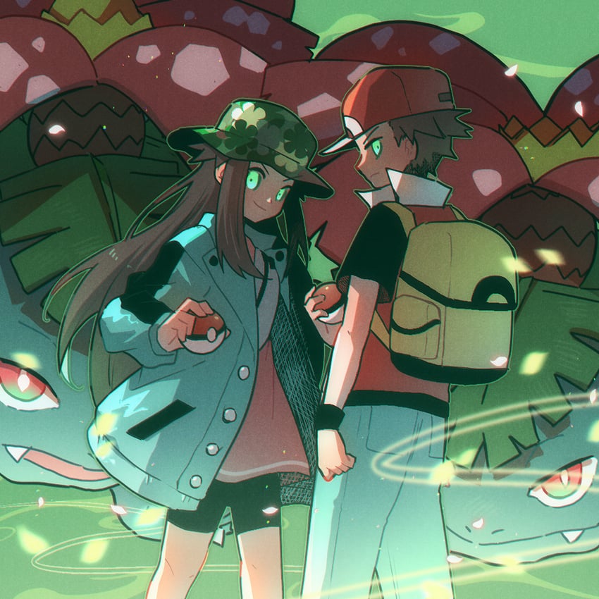 red, leaf, and venusaur (pokemon and 2 more) drawn by maccha_pamocute
