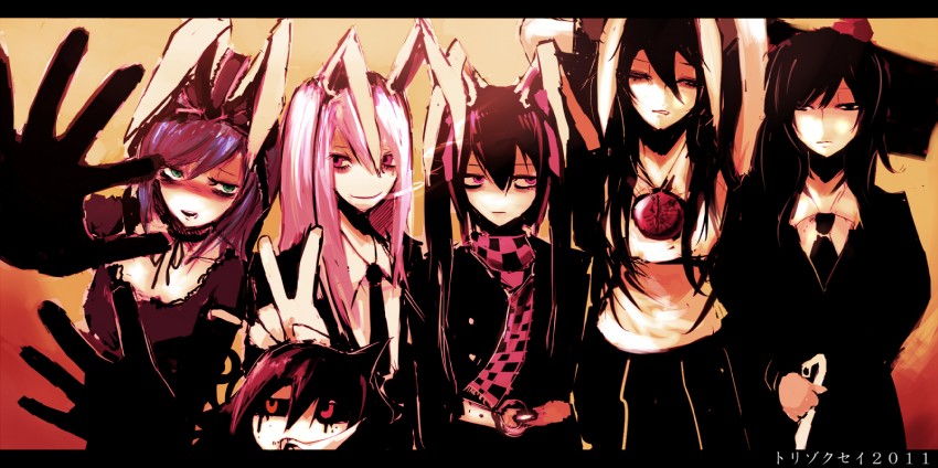shameimaru aya, reisen udongein inaba, reiuji utsuho, houjuu nue, kagiyama hina, and 3 more (touhou) drawn by violence_kumahina