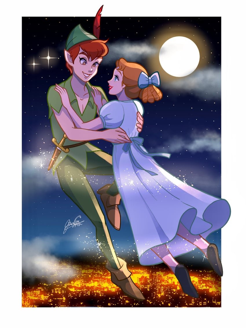 peter pan and wendy darling (walt disney's peter pan) drawn by moko_eaka