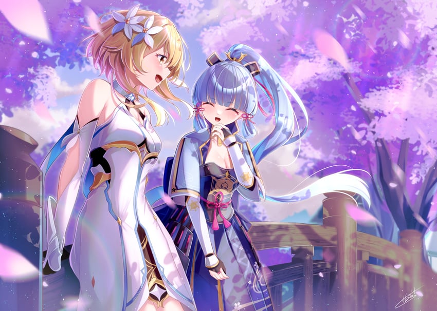 lumine and kamisato ayaka (genshin impact) drawn by takemura_kou
