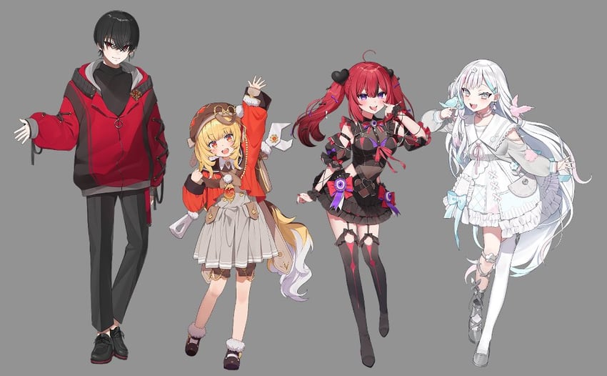 hasumi sahiro, hisumi, ukiuki unico, and mememori an (vee) drawn by idenshi_hina