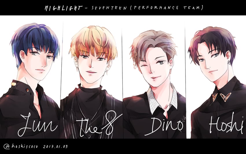 hoshi, jun, the8, and dino (real life and 1 more) drawn by hoshiscoco