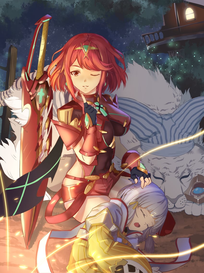 pyra, nia, and dromarch (xenoblade chronicles and 1 more) drawn by 3k4voice