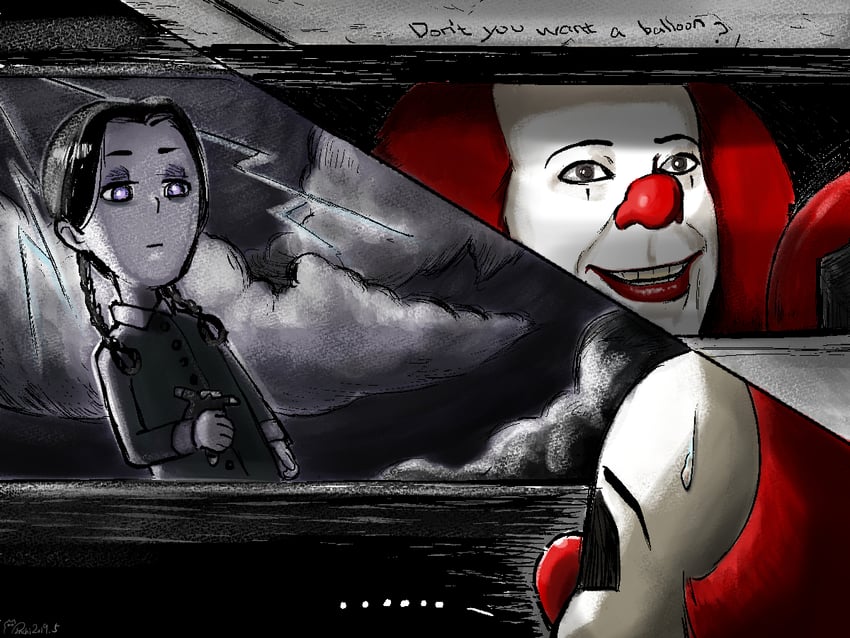 wednesday addams and pennywise (addams family and 1 more) drawn by ponchi-ponchi