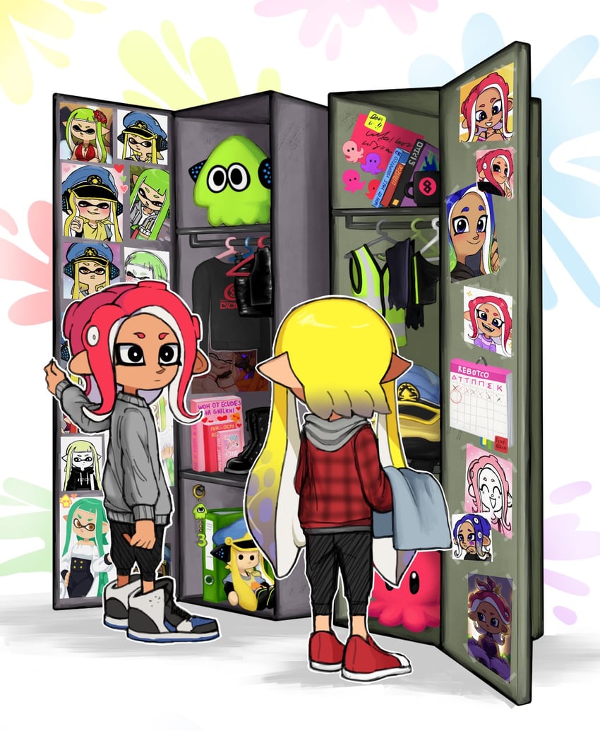 inkling player character, inkling girl, octoling player character, octoling girl, agent 8, and 1 more (splatoon) drawn by yurami18