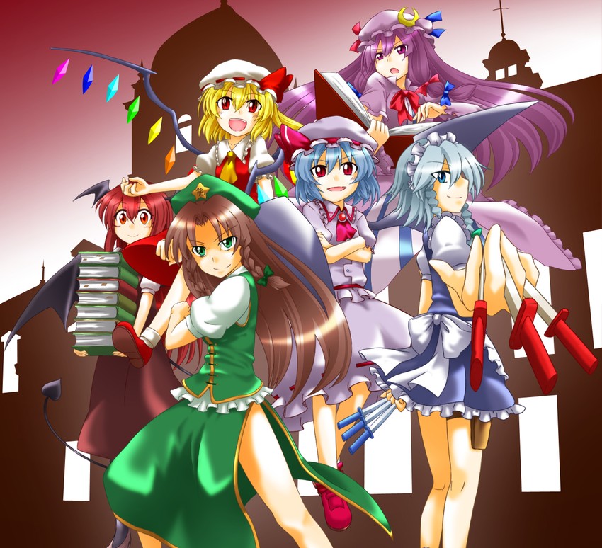 remilia scarlet, flandre scarlet, izayoi sakuya, patchouli knowledge, hong meiling, and 1 more (touhou) drawn by tasoku_hokou_heiki and yutamaro