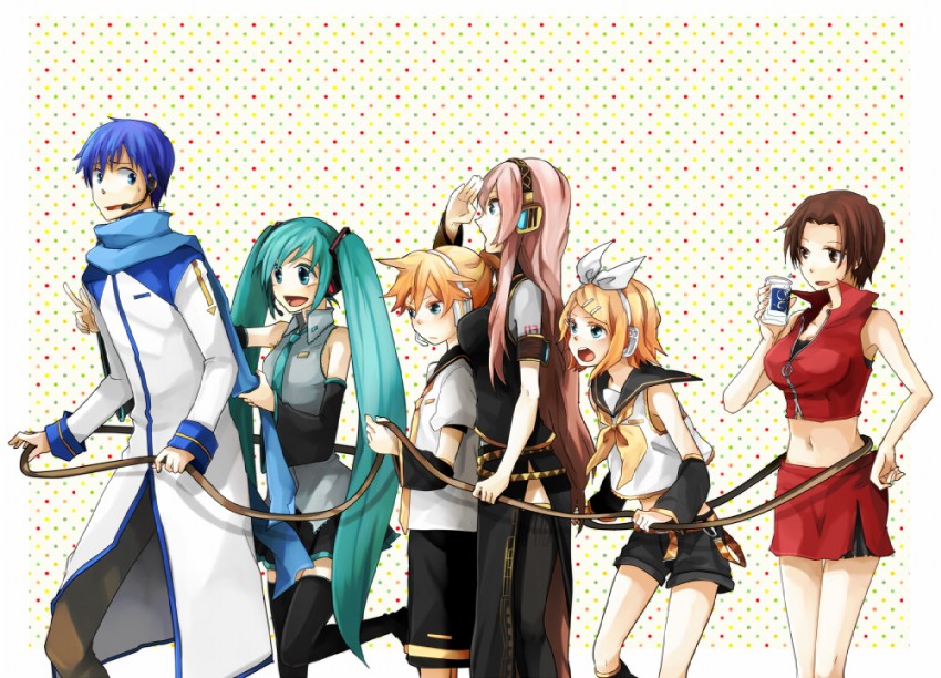 hatsune miku, kagamine rin, kagamine len, megurine luka, kaito, and 1 more (vocaloid) drawn by tama_(songe)
