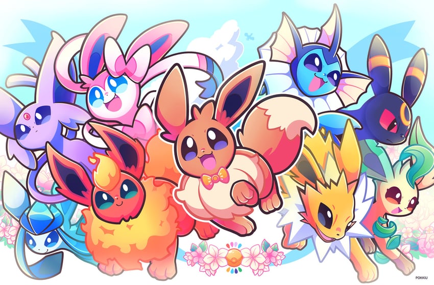 eevee, sylveon, umbreon, glaceon, vaporeon, and 4 more (pokemon) drawn by pokkiu