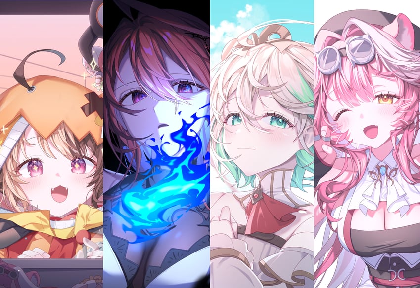 raora panthera, gigi murin, cecilia immergreen, and elizabeth rose bloodflame (hololive and 1 more) drawn by kio_is_here