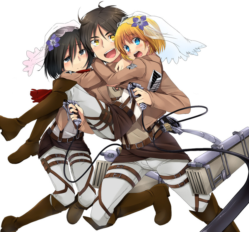 mikasa ackerman, eren yeager, and armin arlert (shingeki no kyojin) drawn by marimo_danshaku
