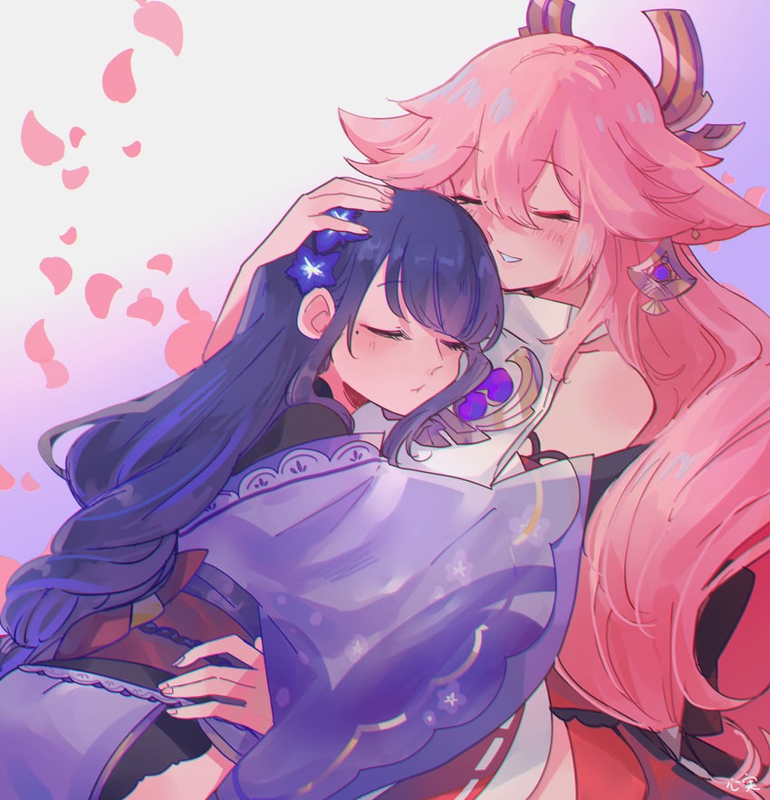 raiden shogun and yae miko (genshin impact) drawn by kokomi_(aniesuakkaman)