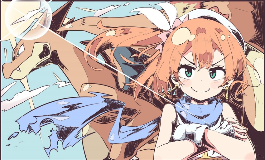 kosaka honoka, charizard, and mega charizard y (pokemon and 3 more) drawn by popii_(yuuta679)