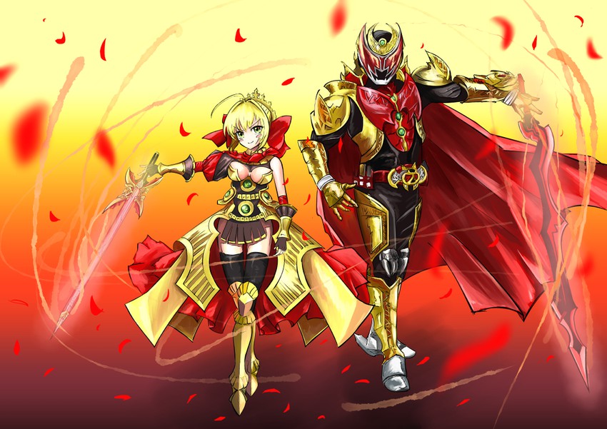 nero claudius, kamen rider kiva, and kivat-bat iii (fate and 3 more) drawn by nanbaba