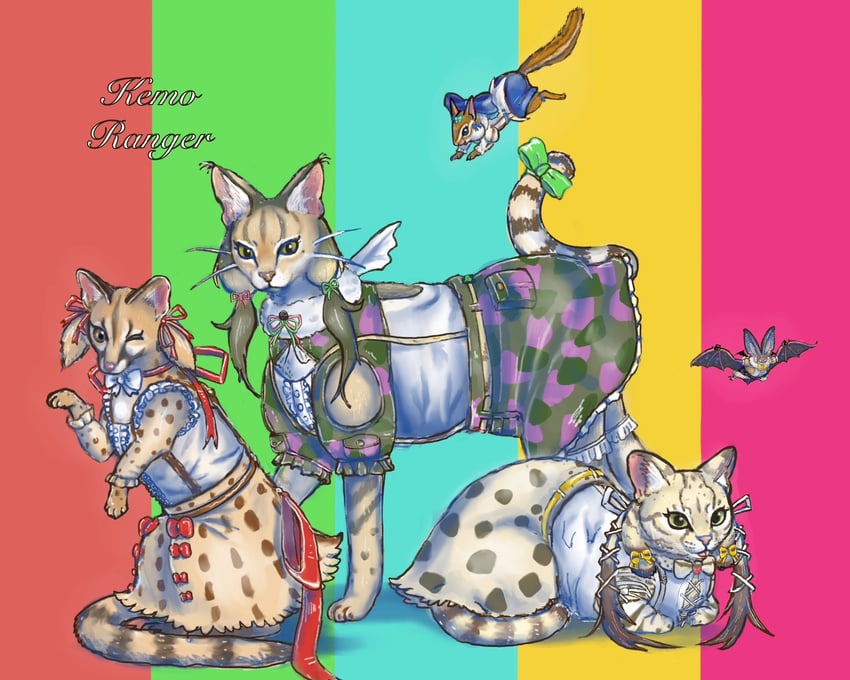 brown long-eared bat, siberian chipmunk, jungle cat, geoffroy's cat, and large-spotted genet (kemono friends and 1 more) drawn by kani_misomiso