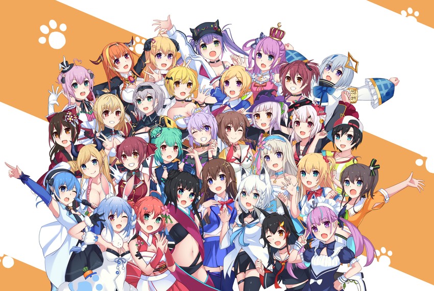 houshou marine, shirakami fubuki, hoshimachi suisei, usada pekora, nekomata okayu, and 28 more (hololive and 1 more) drawn by aoman_de_cangshu