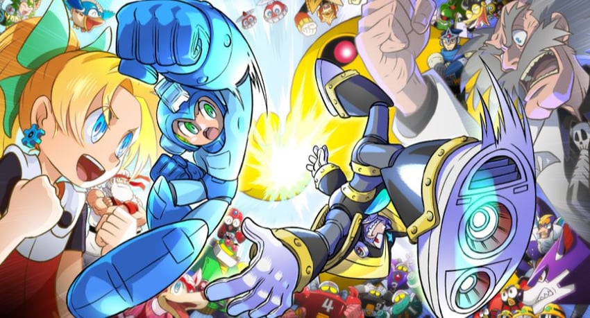 ryu, roll, mega man, bass, met, and 18 more (street fighter and 10 more) drawn by ariga_hitoshi
